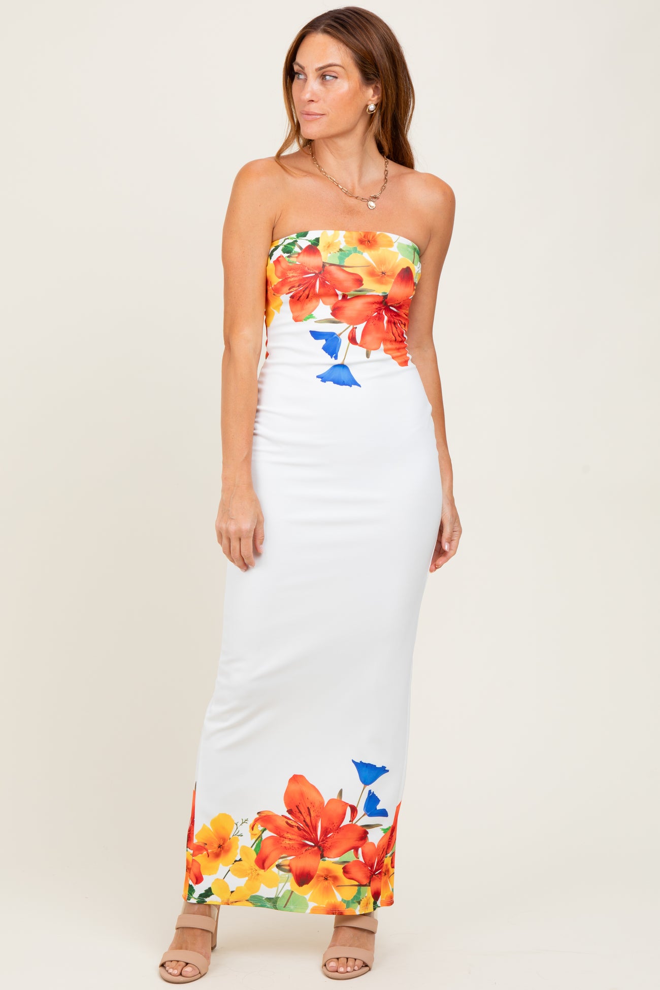 Ivory Floral Strapless Maxi Dress