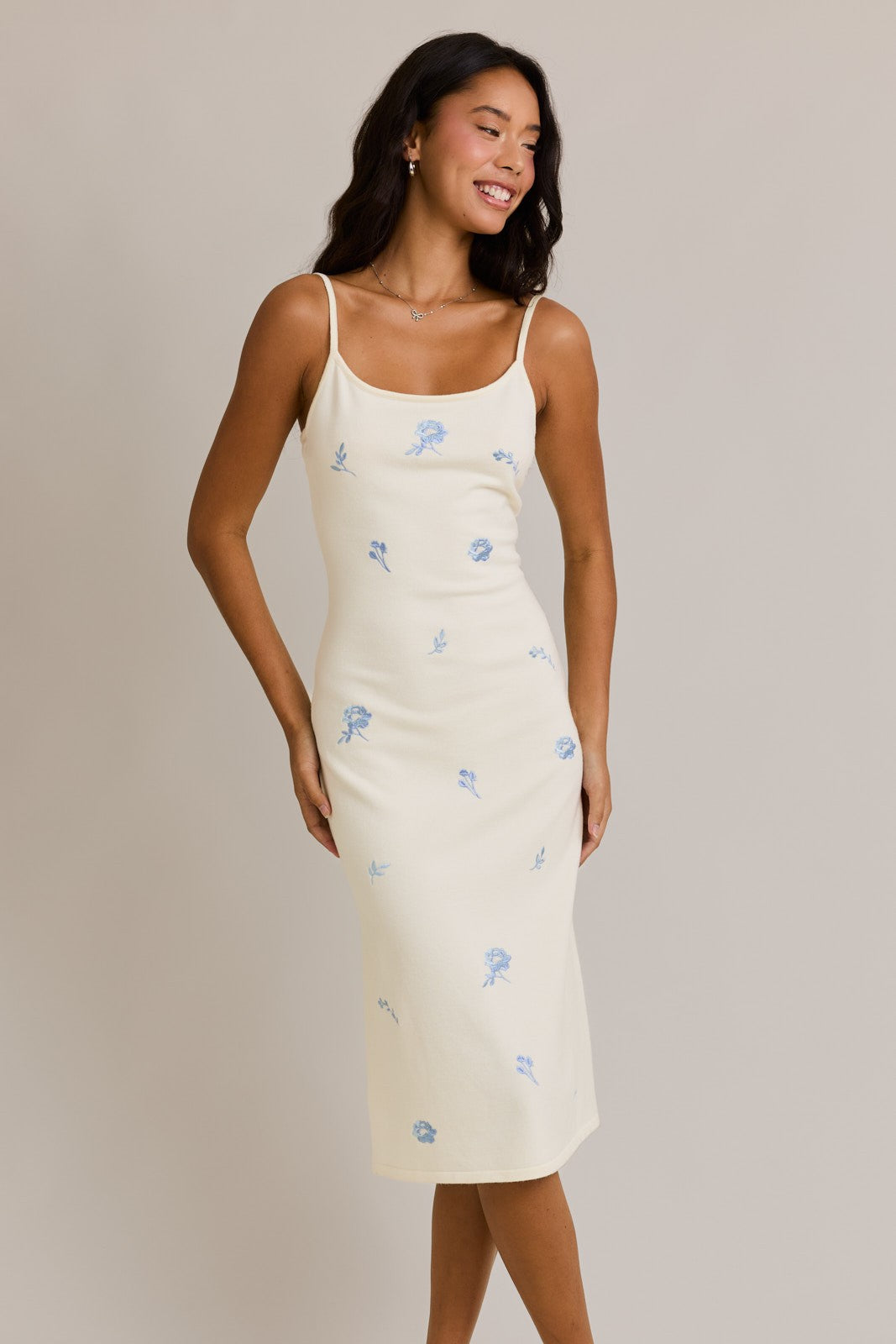 Ivory Knit Floral Embroidery Midi Tank Dress