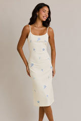 Ivory Knit Floral Embroidery Midi Tank Dress