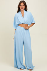Blue Crop Blouse Wide Leg Pant Maternity Set