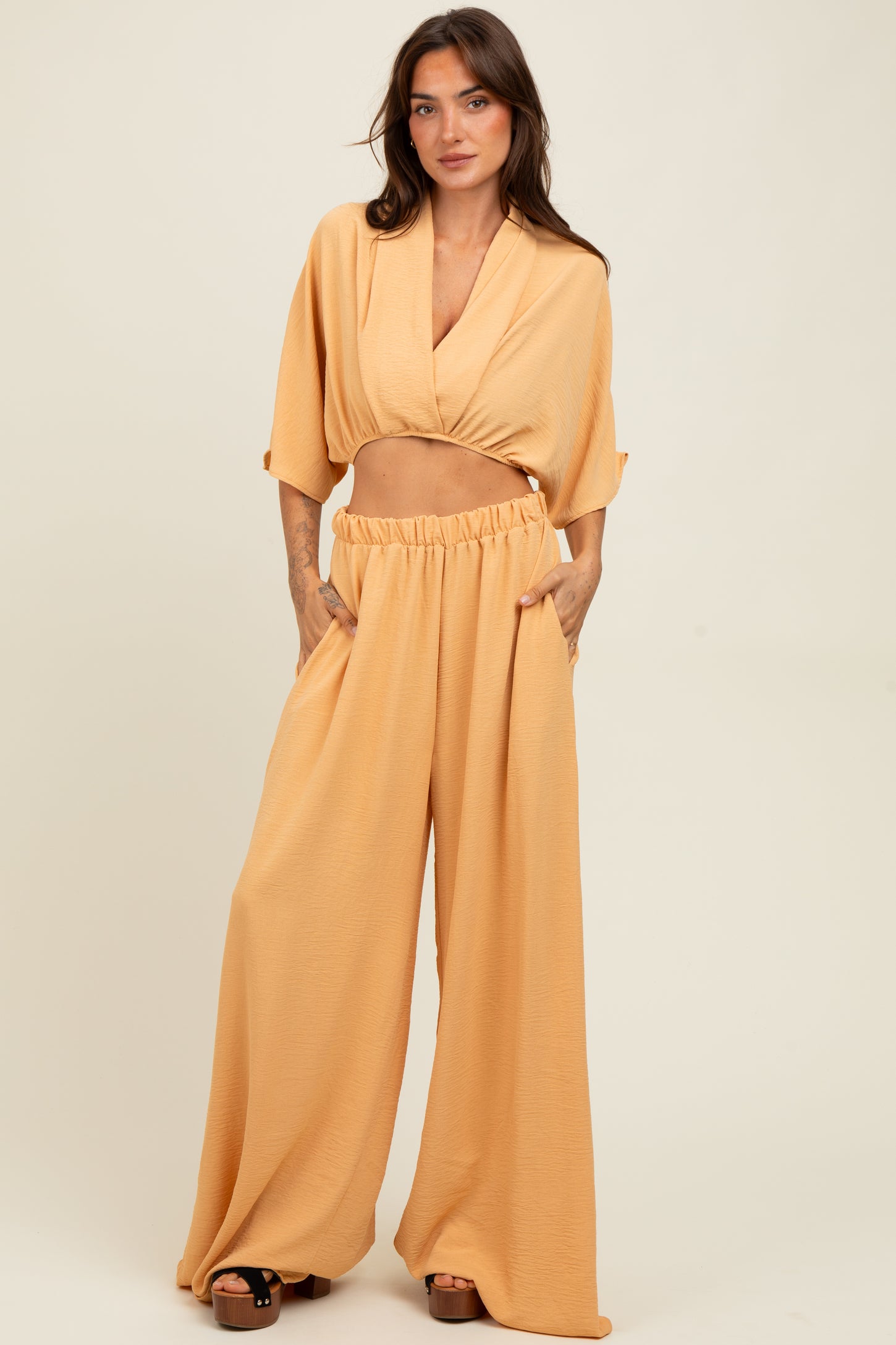 Peach Crop Blouse Wide Leg Pant Maternity Set