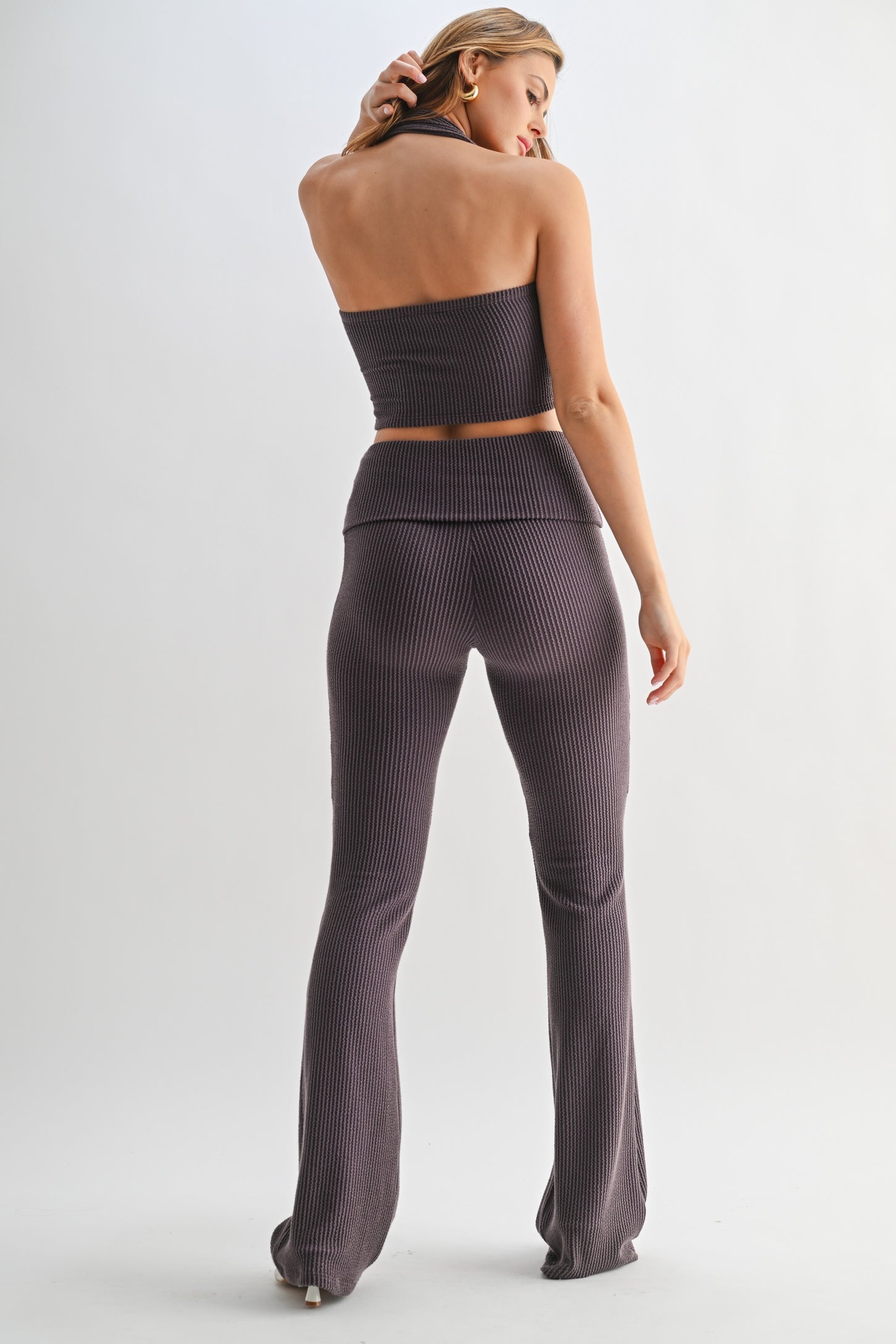 Purple Textured Rib Crop Tank Flare Leg Pant Set