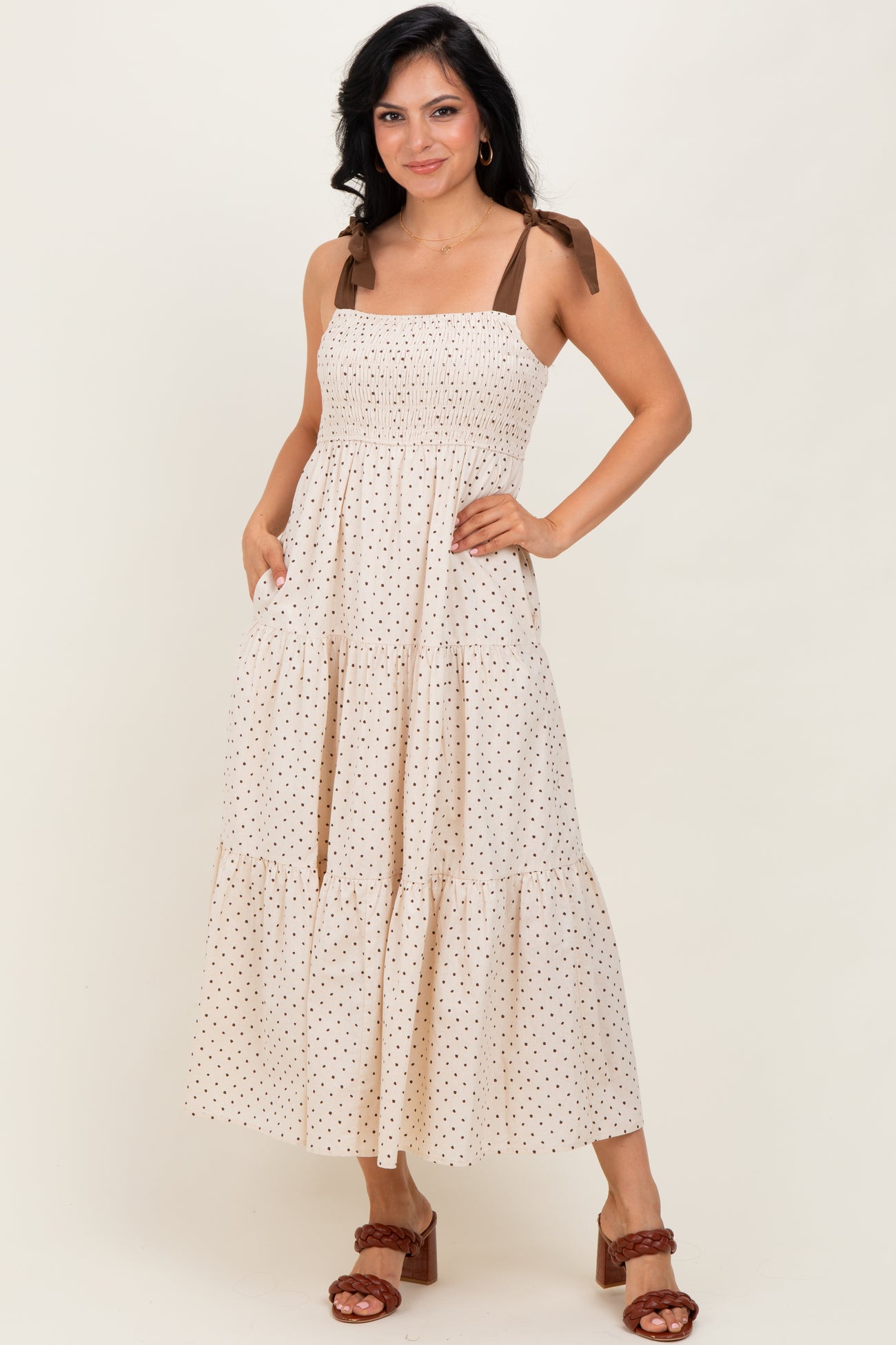 Cream Polka Dot Tiered Shoulder Tie Maternity Midi Dress