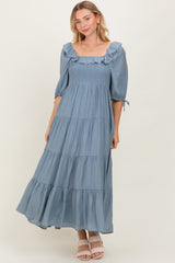 Light Blue Smocked Ruffle Detail Tiered Maternity Midi Dress