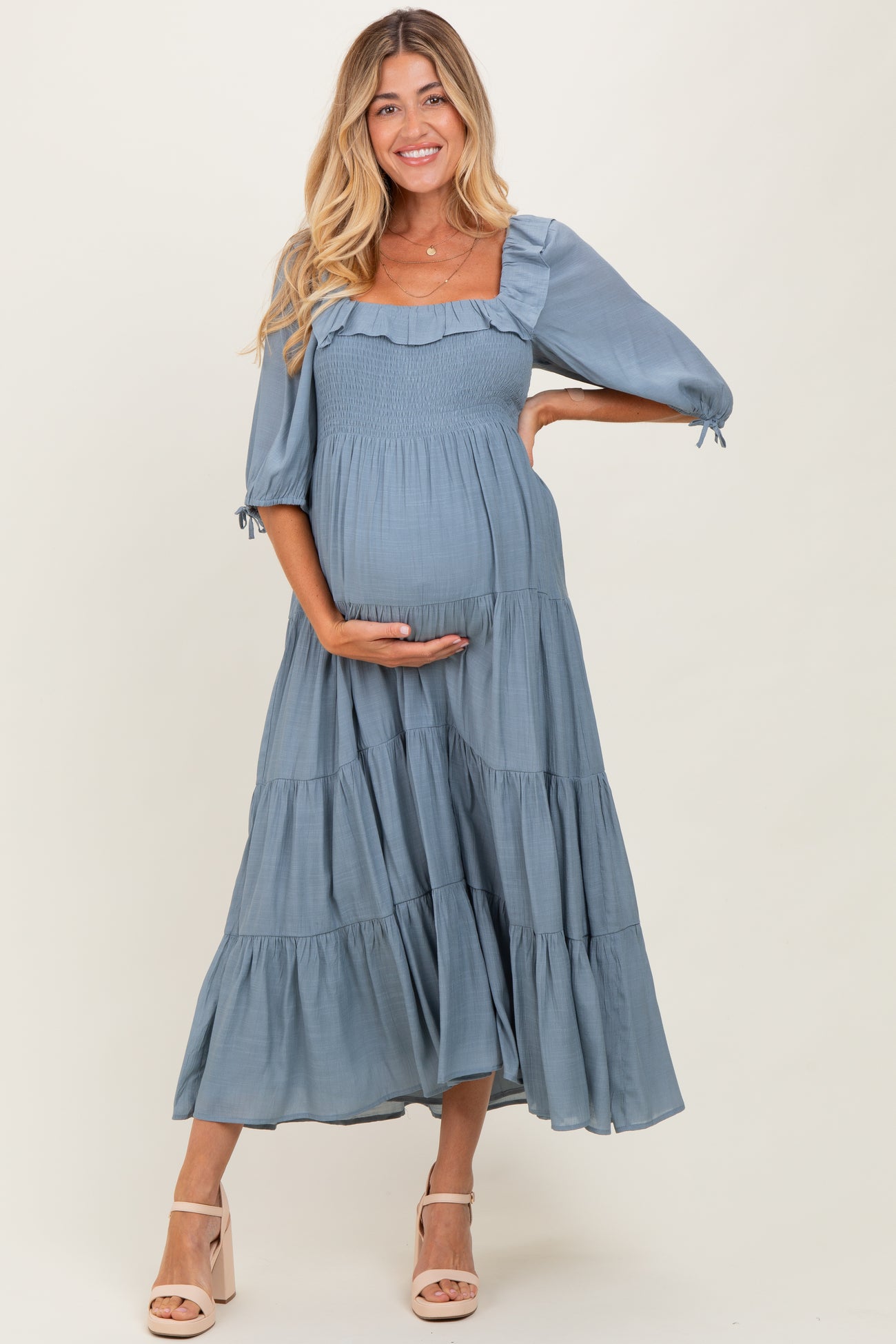 Light Blue Smocked Ruffle Detail Tiered Maternity Midi Dress