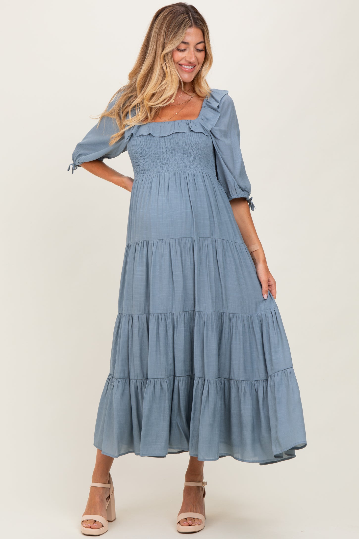 Light Blue Smocked Ruffle Detail Tiered Maternity Midi Dress