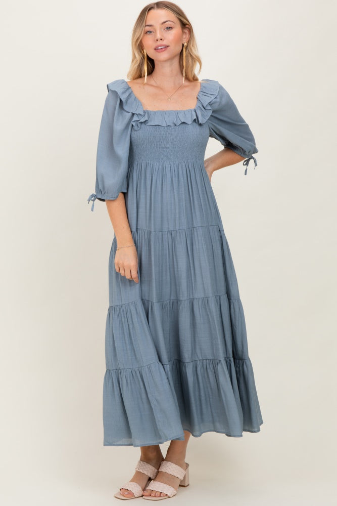 Light Blue Smocked Ruffle Detail Tiered Midi Dress