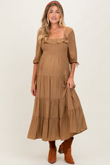 Mocha Smocked Ruffle Detail Tiered Maternity Midi Dress