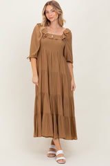 Mocha Smocked Ruffle Detail Tiered Midi Dress