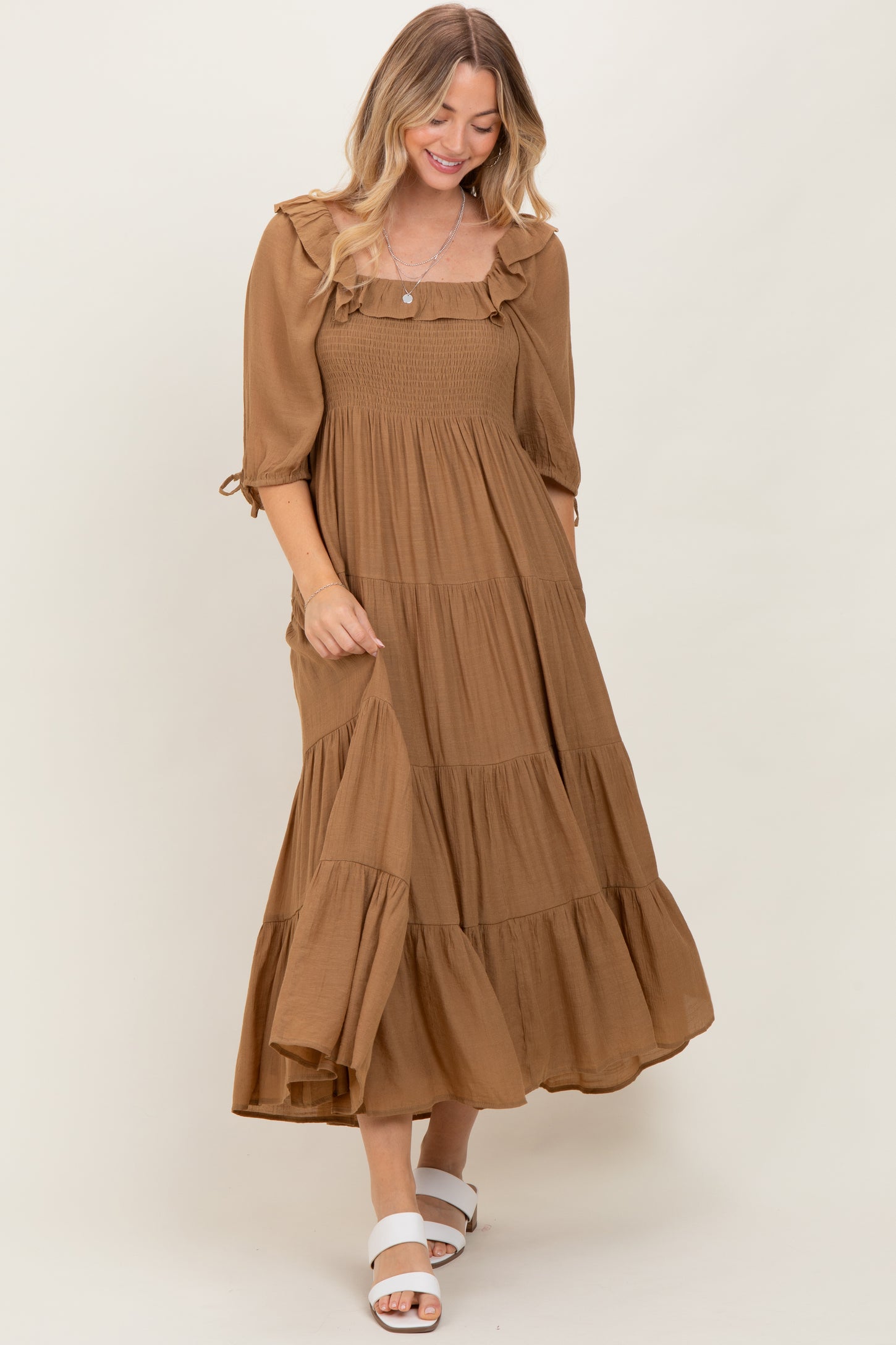 Mocha Smocked Ruffle Detail Tiered Midi Dress