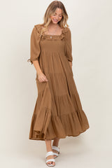 Mocha Smocked Ruffle Detail Tiered Maternity Midi Dress