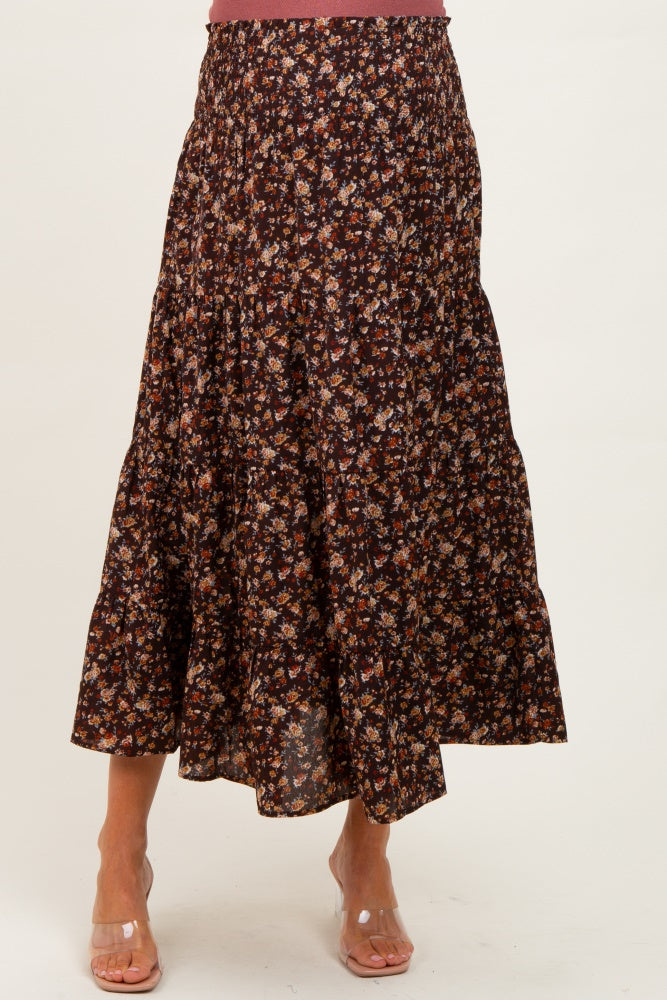 Brown Floral Smocked Waist Maternity Maxi Skirt