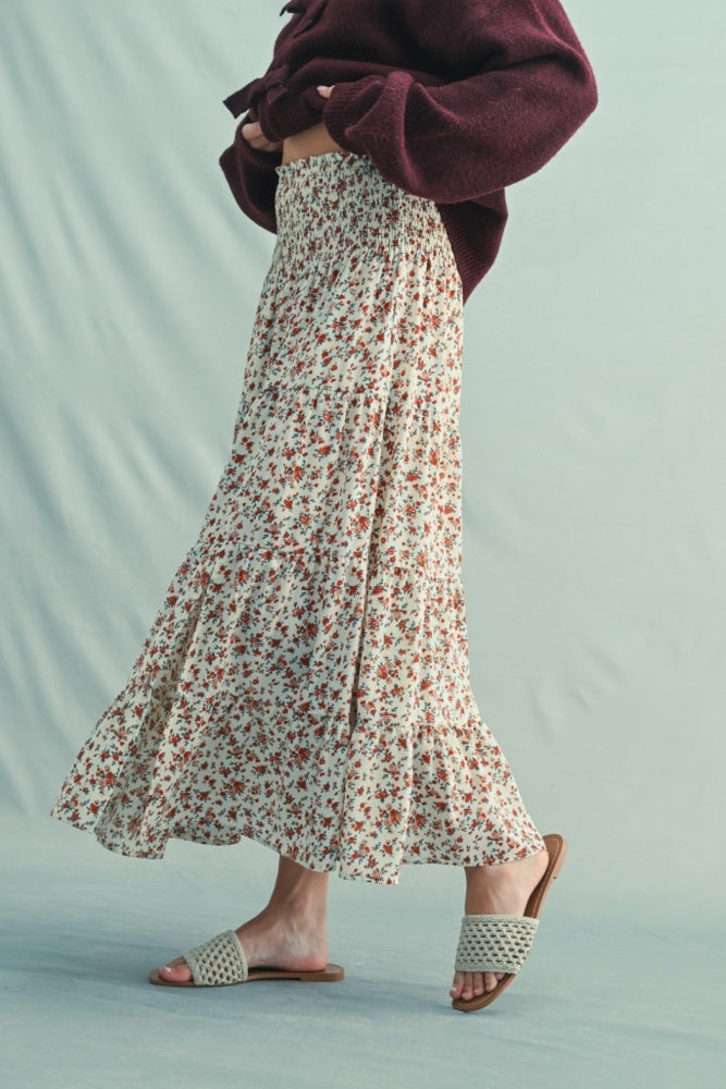 Ivory Floral Smocked Waist Maxi Skirt