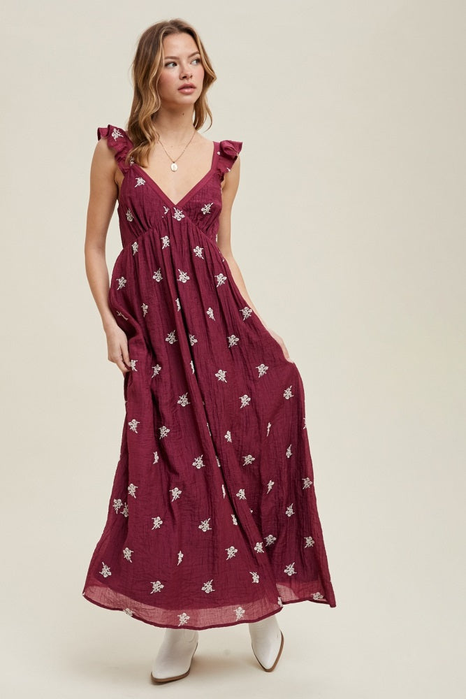 Wine Floral Embroidered V-Neck Midi Dress