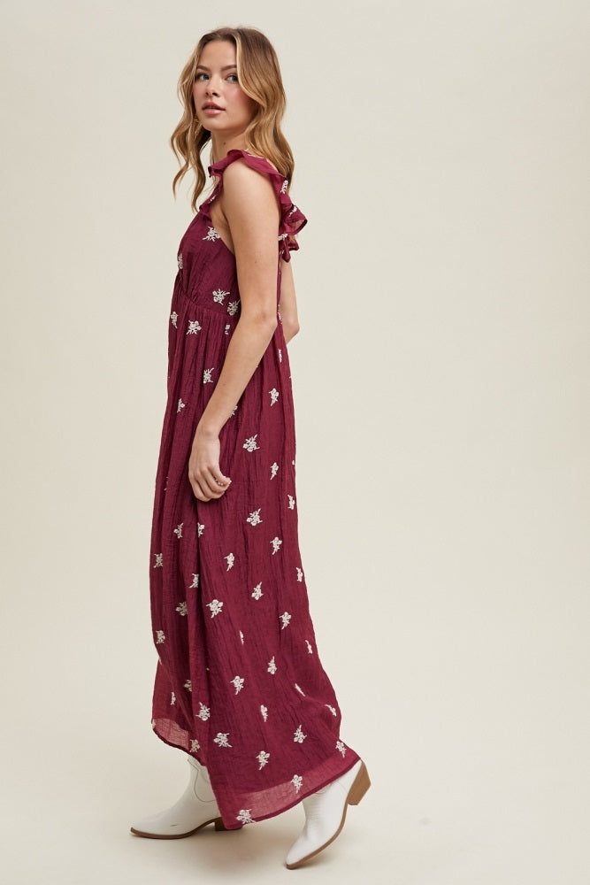 Wine Floral Embroidered V-Neck Midi Dress