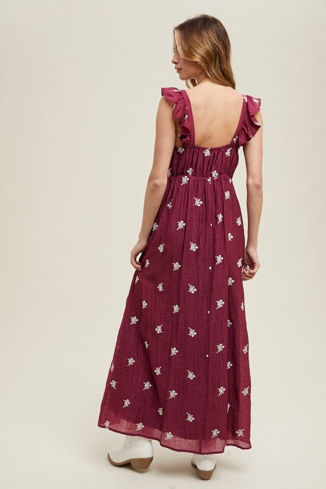 Wine Floral Embroidered V-Neck Midi Dress