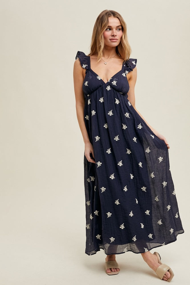 Navy Floral Embroidered V-Neck Midi Dress