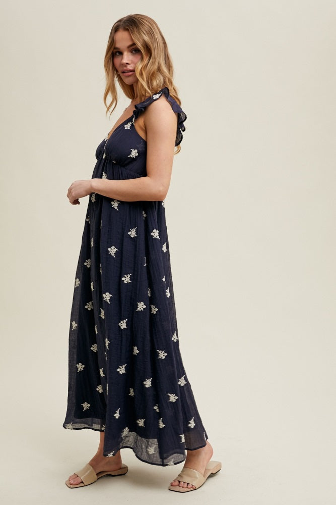 Navy Floral Embroidered V-Neck Midi Dress