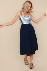 Navy Striped Fit And Flare Sleeveless Midi Dress