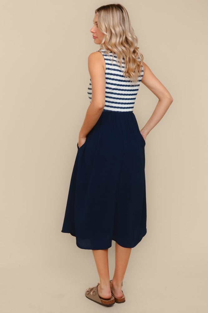 Navy Striped Fit And Flare Sleeveless Midi Dress