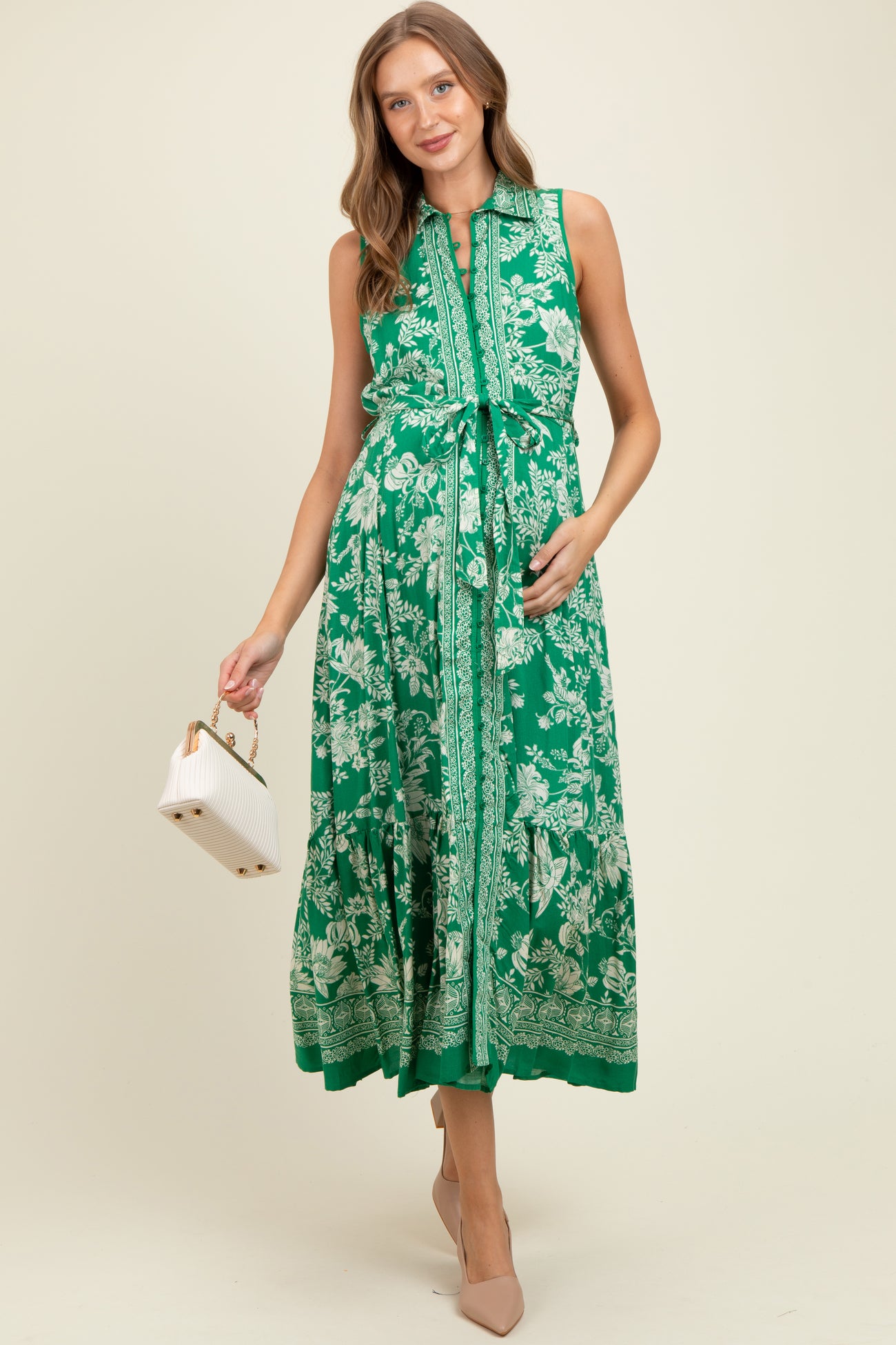 Green Floral Border Print Lapel Button Down Maternity Maxi Dress