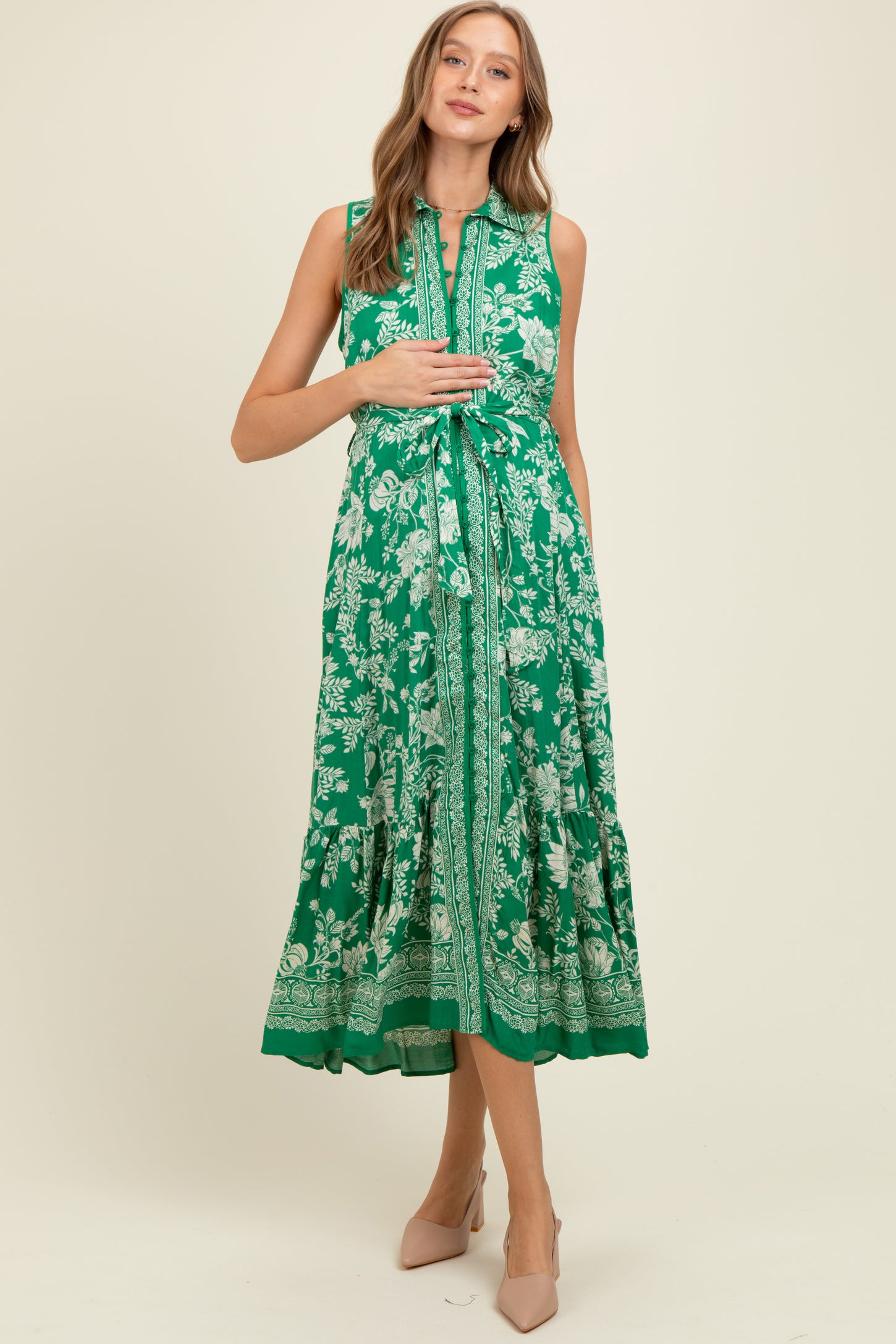 Green Floral Border Print Lapel Button Down Maternity Maxi Dress