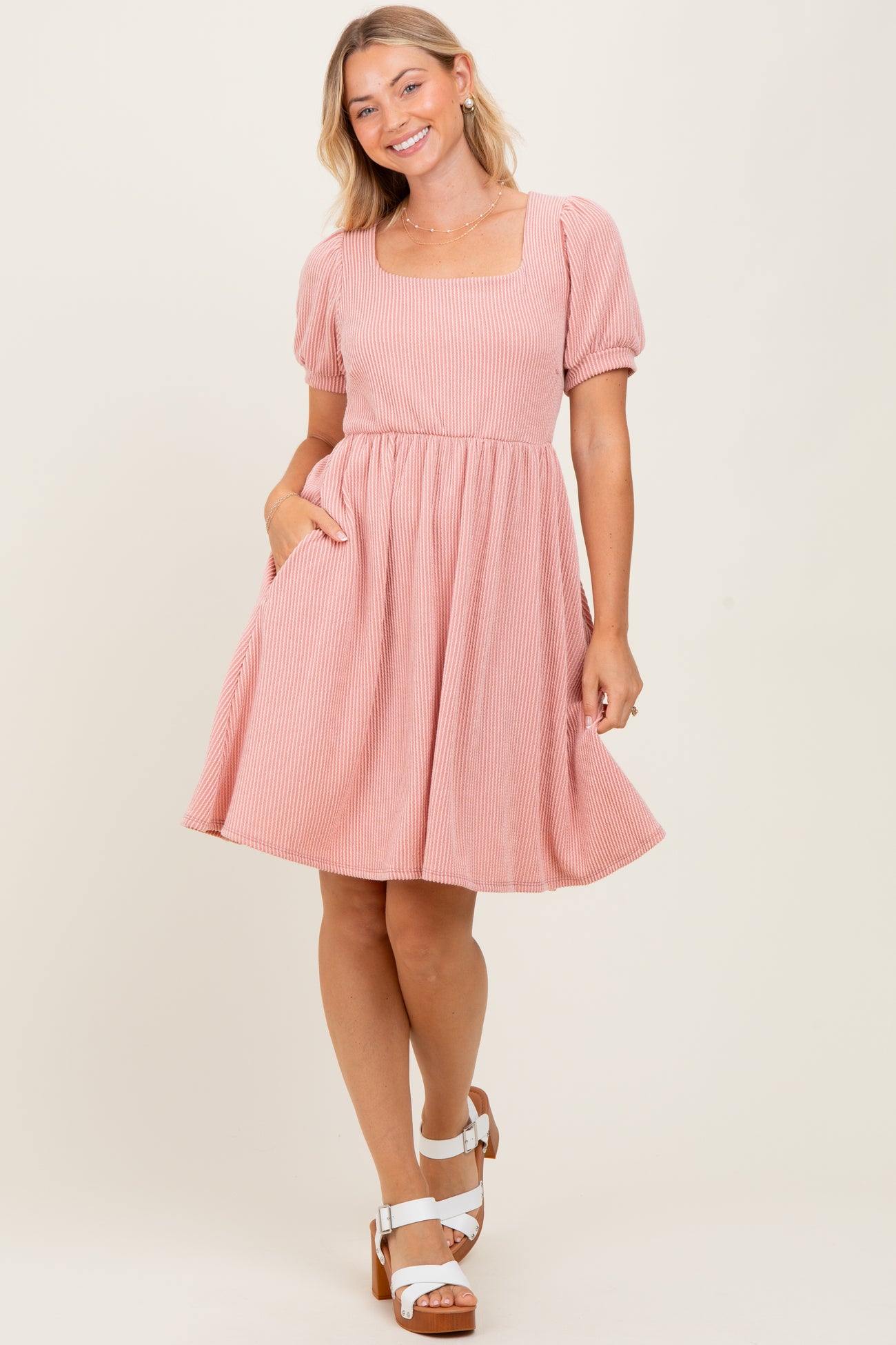 Mauve Square Neck Puff Sleeve Rib Babydoll Maternity Dress