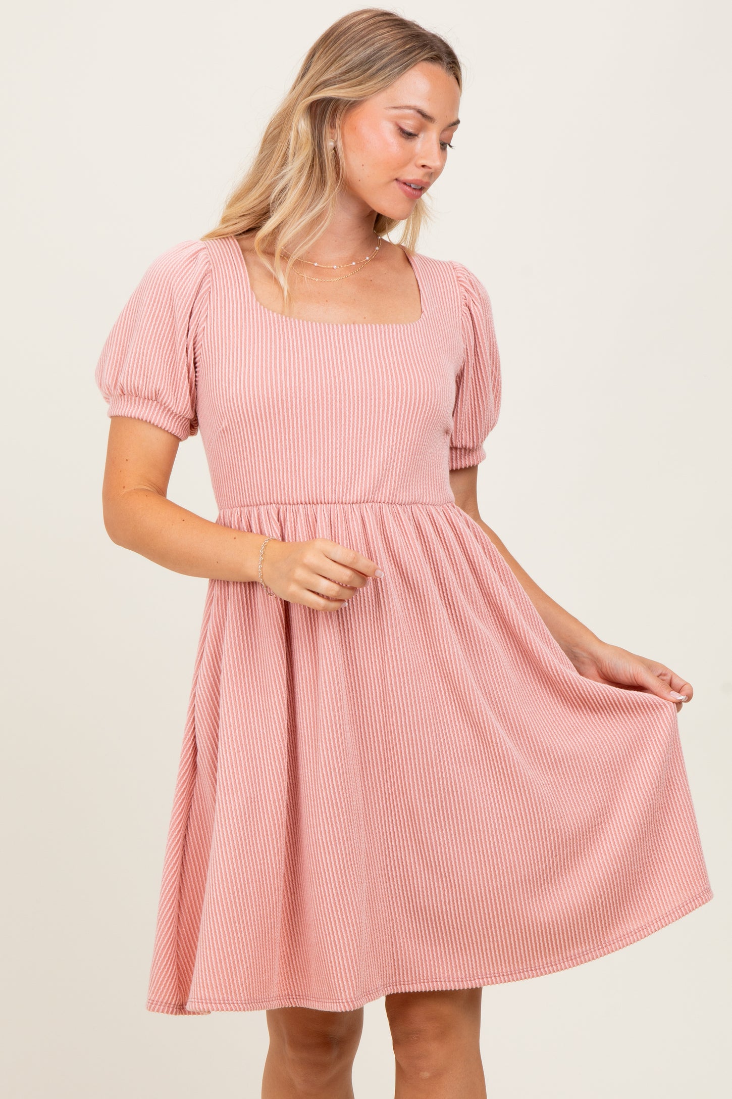Mauve Square Neck Puff Sleeve Rib Babydoll Dress