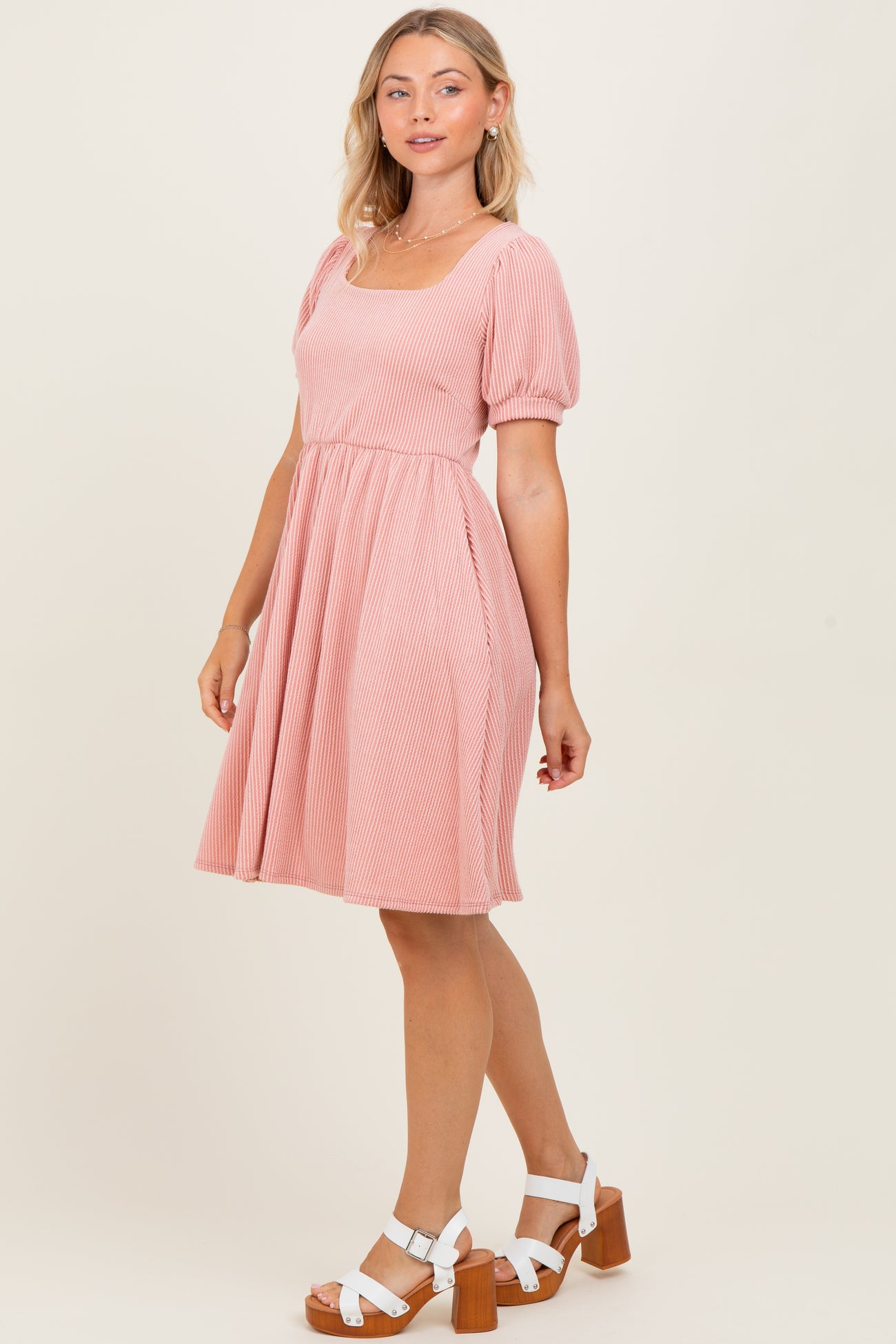 Mauve Square Neck Puff Sleeve Rib Babydoll Dress