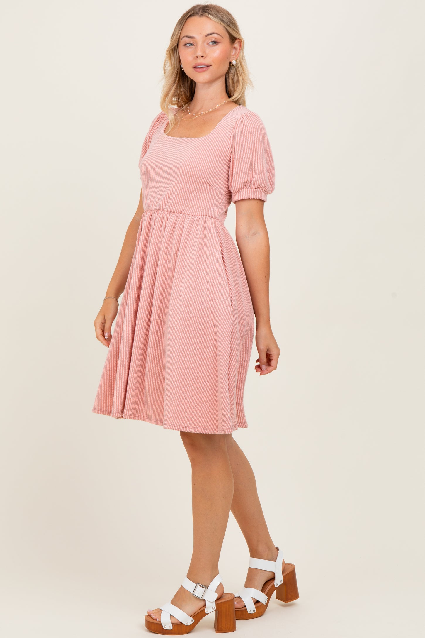 Mauve Square Neck Puff Sleeve Rib Babydoll Dress