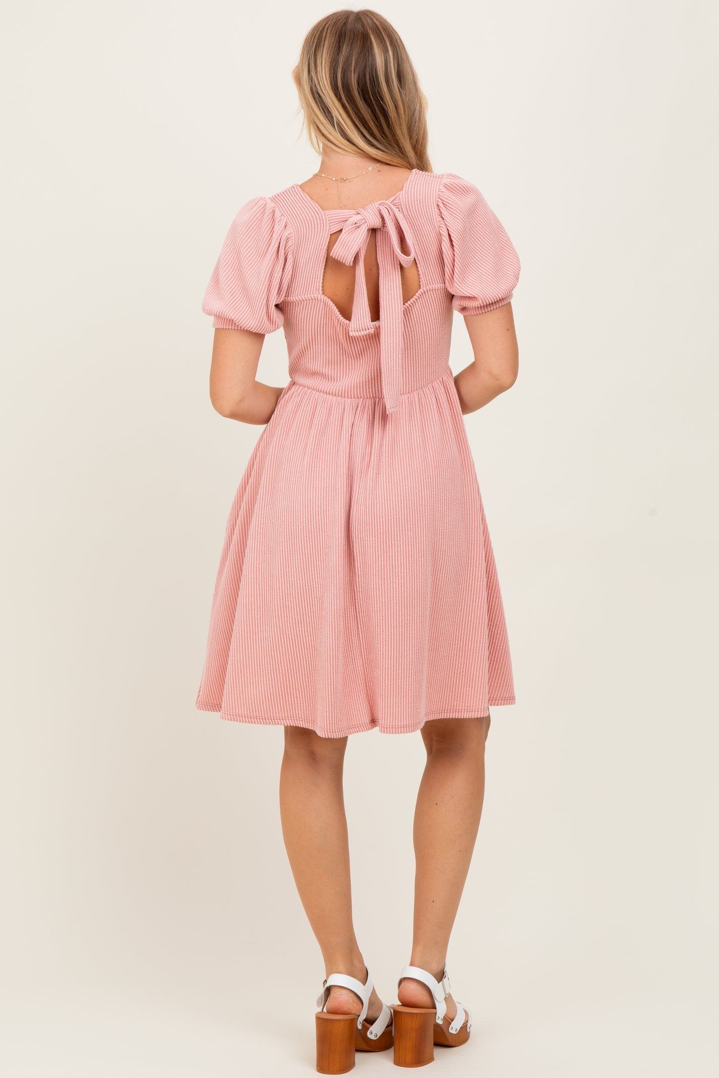 Mauve Square Neck Puff Sleeve Rib Babydoll Dress