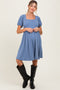 Blue Square Neck Puff Sleeve Rib Babydoll Maternity Dress