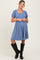 woman wearing a blue striped maternity dress with puff sleeves and a square neckline, holding her baby bump
