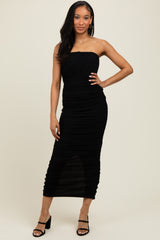 Black Mesh Strapless Ruched Maternity Maxi Dress