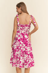 woman wearing a back view of a pink floral sundress with tie straps and a smocked bodice