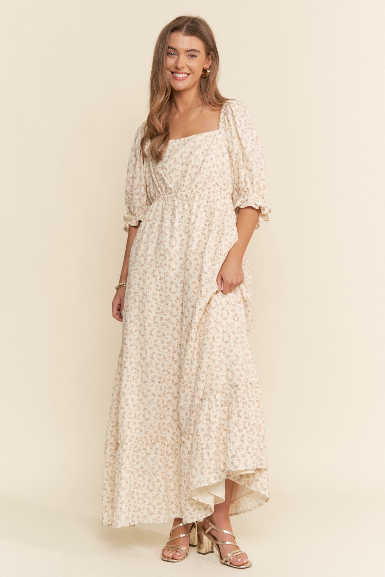 Beige Floral Print Square Neckline Maternity Maxi Dress
