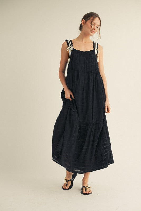 Black Bow Tie Accent Tiered Maxi Dress