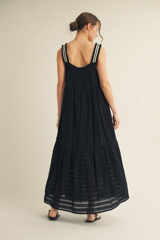 Black Bow Tie Accent Tiered Maxi Dress