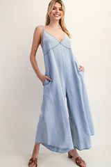 Light Blue Chambray V-Neck Sleeveless Wide Leg Maternity Jumpsuit
