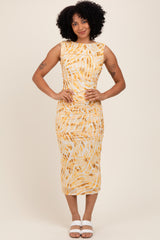 Yellow Printed Ruched Sleeveless Maternity Midi Dress