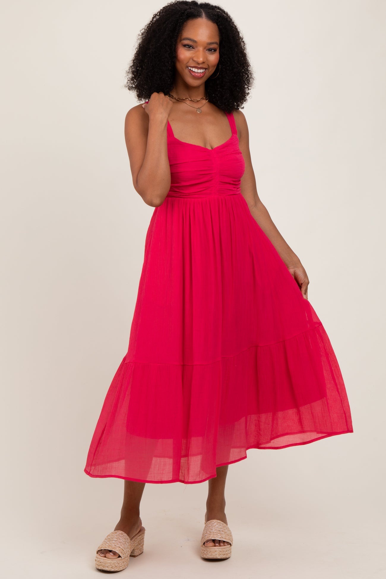 Fuchsia Cinched Bust Cutout Midi Dress