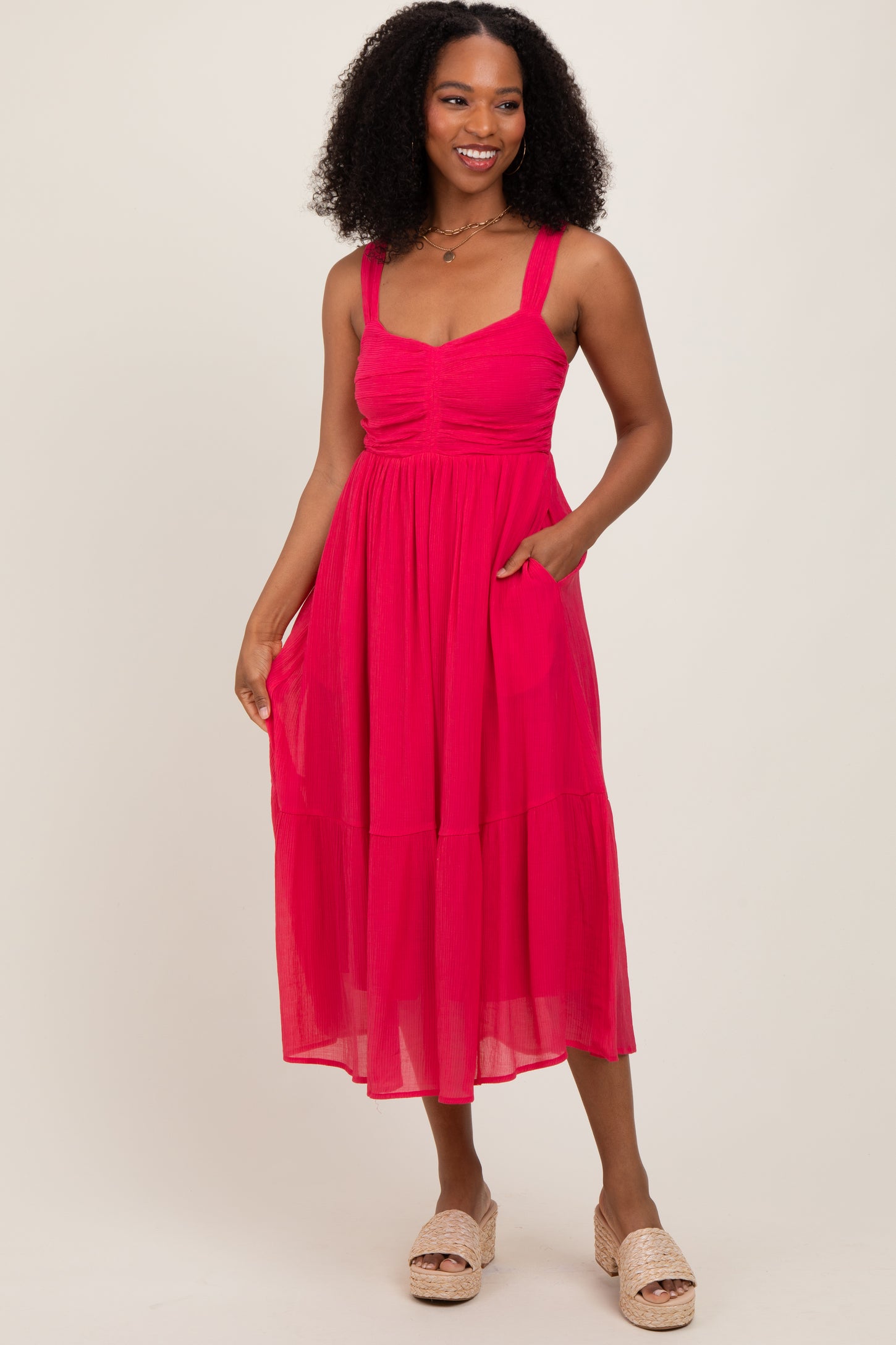 Fuchsia Cinched Bust Cutout Maternity Midi Dress
