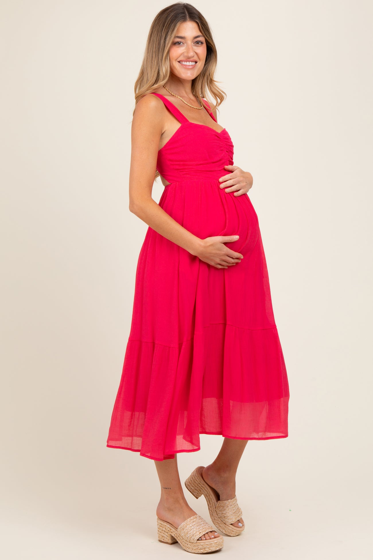 Fuchsia Cinched Bust Cutout Maternity Midi Dress