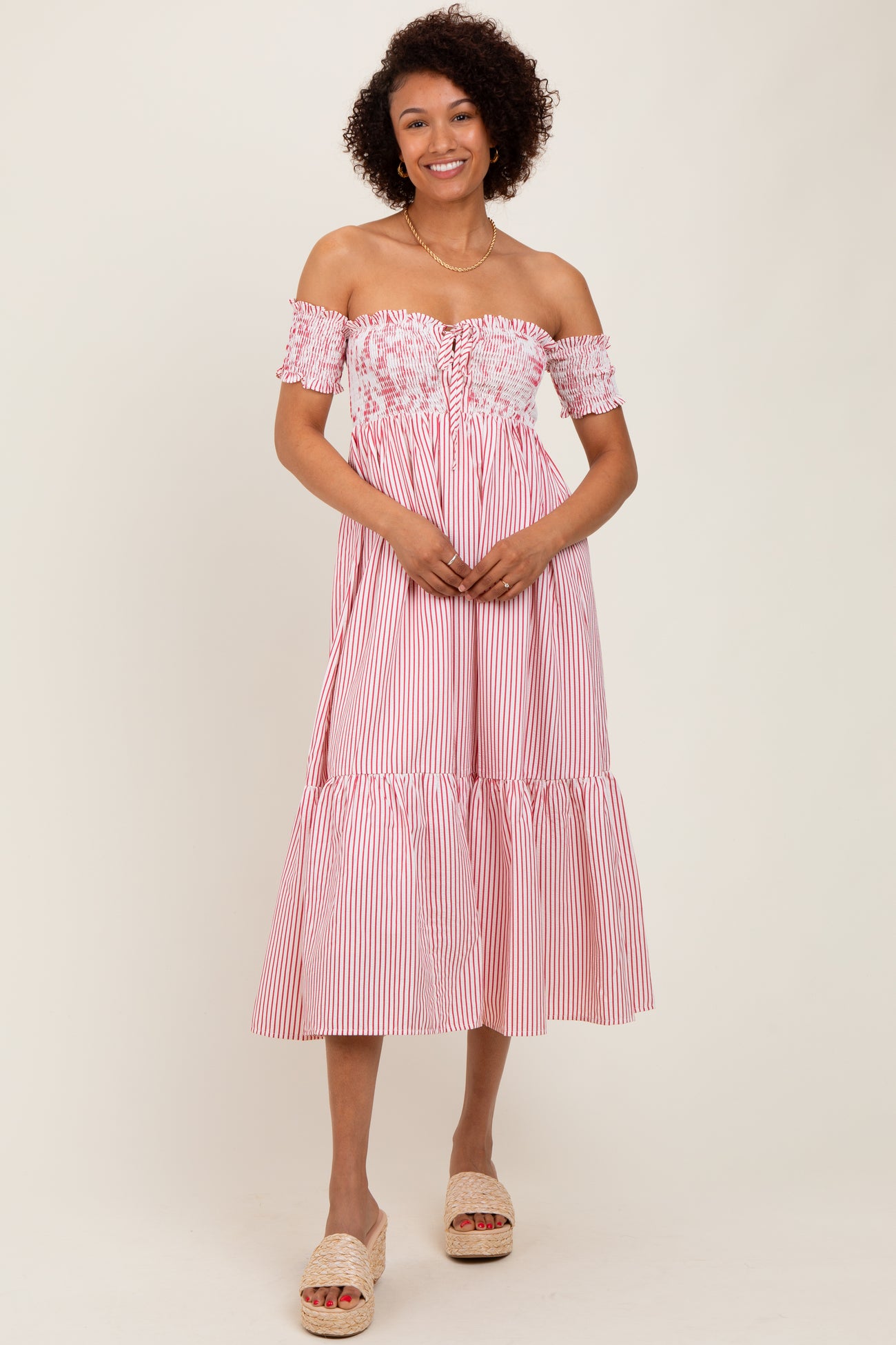 Red Striped Floral Colorblock Off Shoulder Maternity Midi Dress