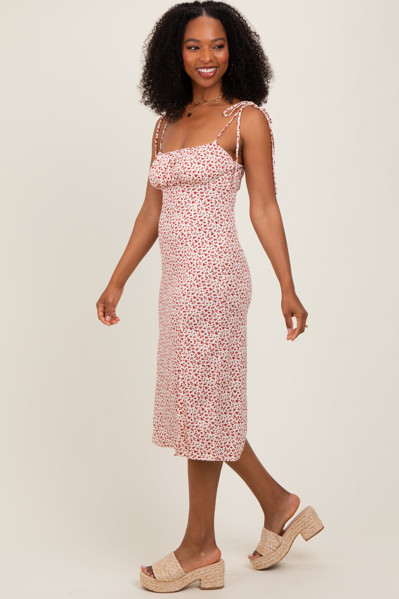 Red Printed Shoulder Tie Midi Dress