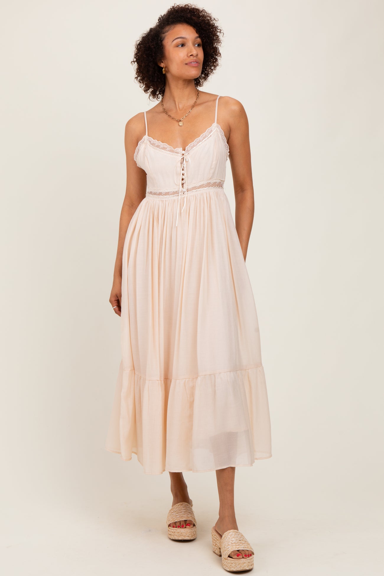 Cream Lace Detail Button Front Sleeveless Midi Dress