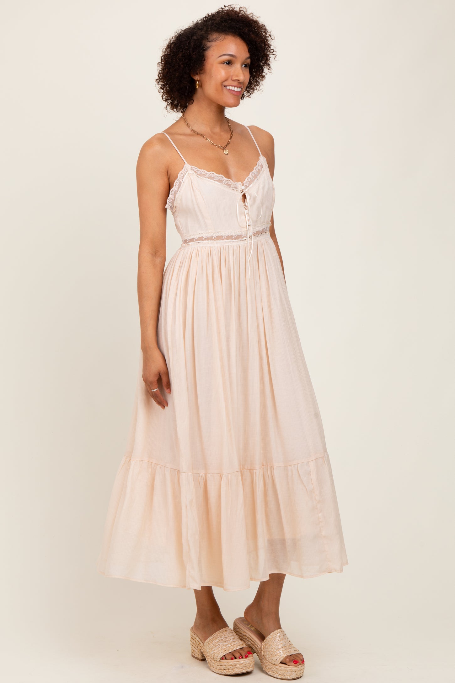 Cream Lace Detail Button Front Sleeveless Midi Dress