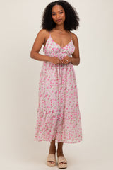 Pink Floral V-Neck Sleeveless Side Tie Midi Dress
