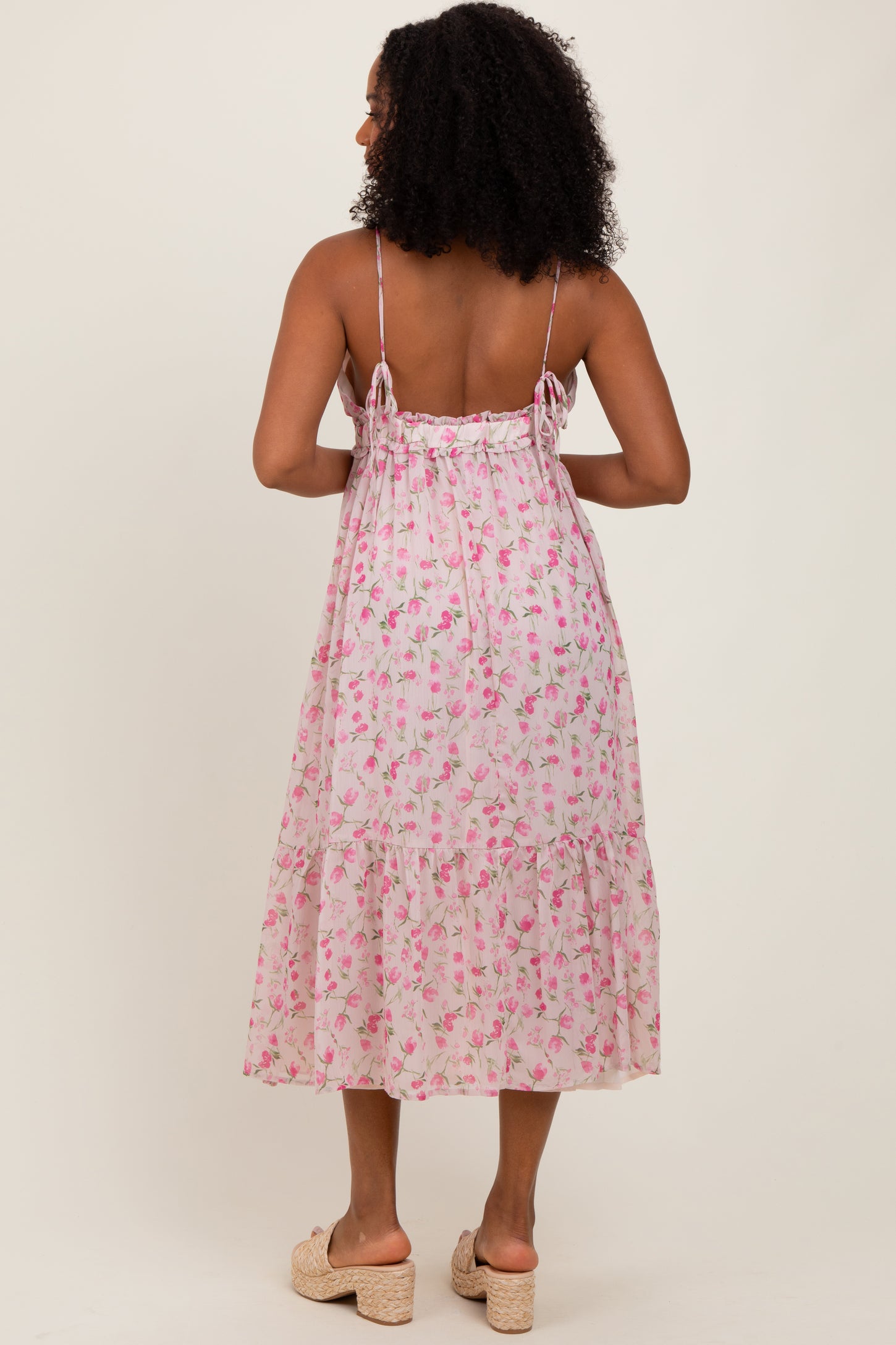 Pink Floral V-Neck Sleeveless Side Tie Midi Dress