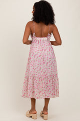 Pink Floral V-Neck Sleeveless Side Tie Midi Dress